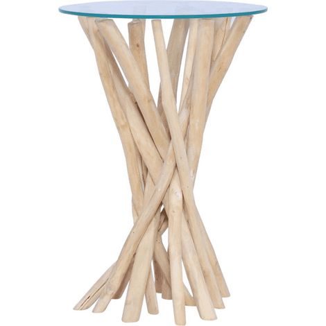Table d'appoint ronde verre et pieds teck massif clair Nieng (1/3)