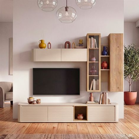 Soggiorno parete attrezzata Core grande con porta TV e pensili rovere e cashmere (1/5)