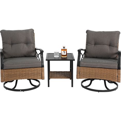 Set da Giardino con 1 Tavolino e 2 Poltrone Girevoli e a Dondolo, Acciaio e Rattan Sintetico, Marrone Grigio (1/5)