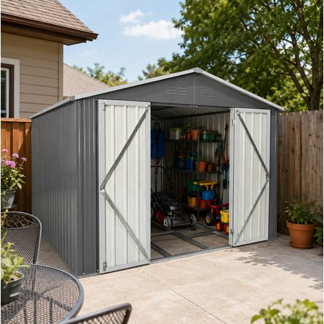 Casetta da giardino 313,4x258,8x191,5 cm in acciaio zincato grigio, 2 porte - MEUBLIV (1/5)