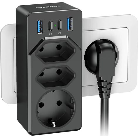 Multiprise Murale 7-en-1 (4000W/16A) avec 4 Ports USB, Prise Multiple 2 Prises Euro + 1 Schuko, Charge Rapide USB-C PD 20W, Bloc Multiprise USB pour Salon, Chambre et Cuisine (1/5)