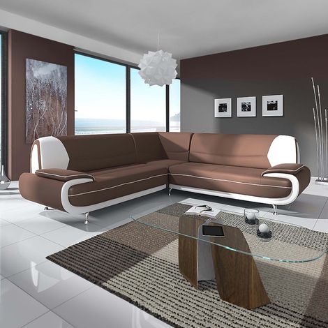 Mobilier Deco – Canapé d'angle 5 places simili cuir marron et blanc – Pieds chromés – Design moderne et élégant (1/3)