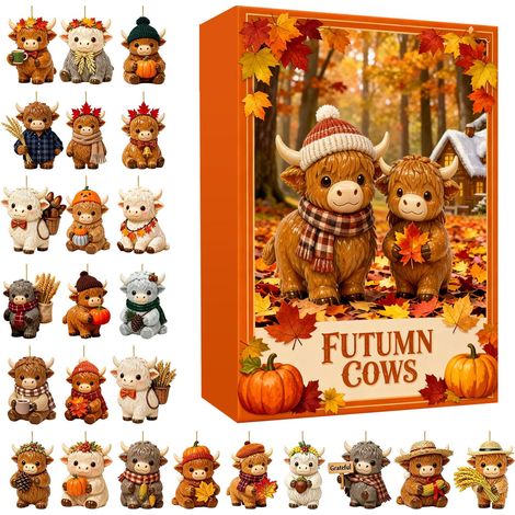 Adventskalender mit Hochlandrindern für Thanksgiving und Weihnachten – 24 flache 2D-Acryl-Anhänger mit niedlichen Hochlandrind-Motiven – Herbst-Countdown-Kalender – Weihnachtsbaumschmuck und festliche (1/5)