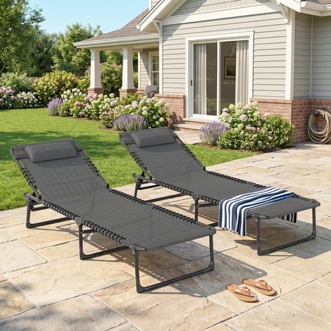 Lot de 2 bain de soleil transat pliable dossier inclinable multi-positions acier lacets élastiques textilène gris