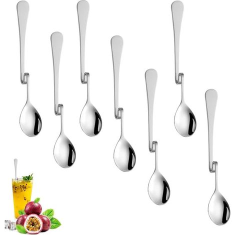 7 cucharas colgantes para café, cucharas para miel, cucharas de acero inoxidable con mango largo y mangos curvos para jarabe y yogur. (1/5)