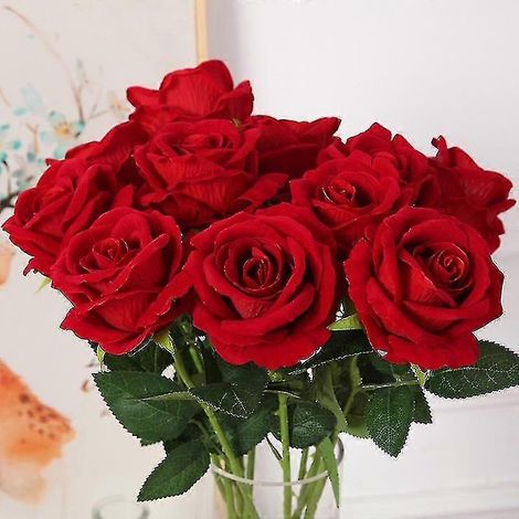 Bouquet de 10 roses artificielles à longues branches, fleurs en flanelle simulées, pour la Saint-Valentin (1/5)