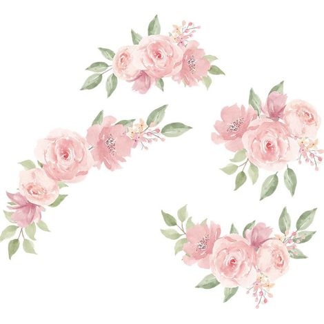 juego de pegatinas de pared de flores rosas, elegantes vinilos decorativos florales de acuarela rosa, papel pintado de flores rosas para sala de estar, dormitorio, habitación de niñas (1/5)