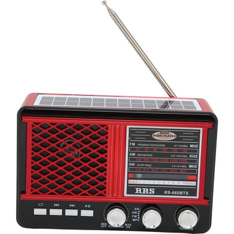 Radio d'urgence RS-660BTS portable solaire multibande avec fonction lampe torche et prise stéréo AUX rouge (1/5)