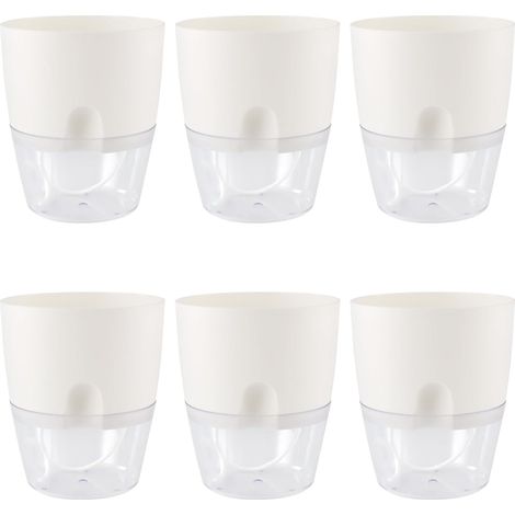 Pots à réserve d'eau, blancs, 15 cm, pot à herbes aromatiques avec réservoir d'eau, pot à fleurs à réserve d'eau avec système d'irrigation pour plantes d'intérieur, lot de 6