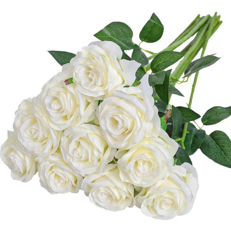 Artificiel Soie Rose Fleurs Tige Unique Une Fausse Rose Réaliste pour Le Bouquet de Mariage Arrangements Floraux Décoration, 10pcs (Blanc) (1/5)