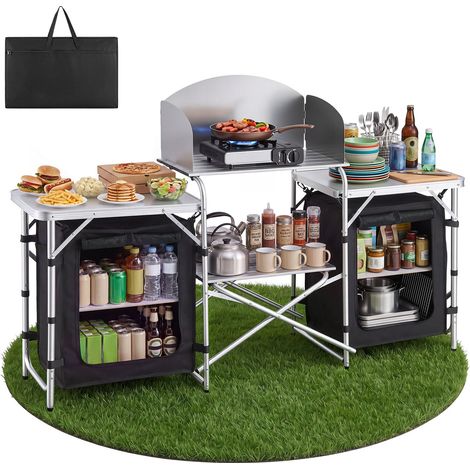 Cuisine de Camping Pliable Table de Camping avec Rangement Portable, Pour Barbecue, Pique Nique, Voyage, En Aluminium Léger, Avec Tables Latérales, Pare-vent Amovible et Sac de Transport (1/5)