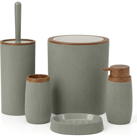 Set accessori bagno verde salvia cannettato con finitura effetto legno 5 pezzi Blob (1/5)