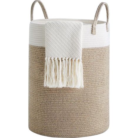 Panier à linge en coton fait main – Blanc et marron – Design confortable – Rangement pratique (1/5)