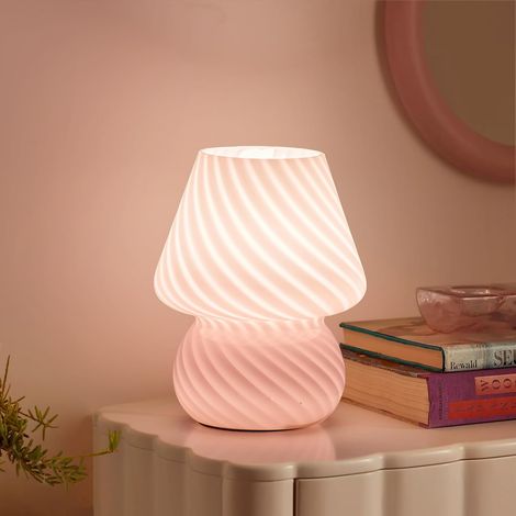 Pilzlampe – Tischlampe mit gestreiftem Glas, Nachttischlampe für Schlafzimmer, Wohnzimmer, Café, Büro, Glühbirne inklusive, Geschenk für Mädchen, Frauen, Geburtstag, Neujahr, Rosa (1/4)