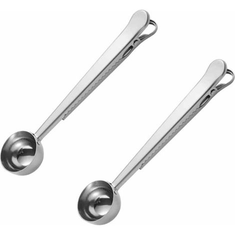 Cuillère à café 2 en 1 avec clip, adaptée au café moulu et en grains, en acier inoxydable (lot de deux). (1/5)