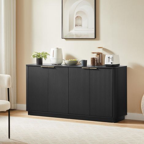 Credenza bassa contenitore, 160x80x40 cm, mobile TV per soggiorno e sala da pranzo, design ondulato con scanalature verticali, maniglie dorate e 4 ante, nero (1/5)