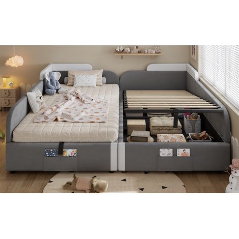 Letto imbottito per bambini in velluto bianco e grigio con contenitore idraulico, rete a doghe, 205x187x71 cm (1/4)