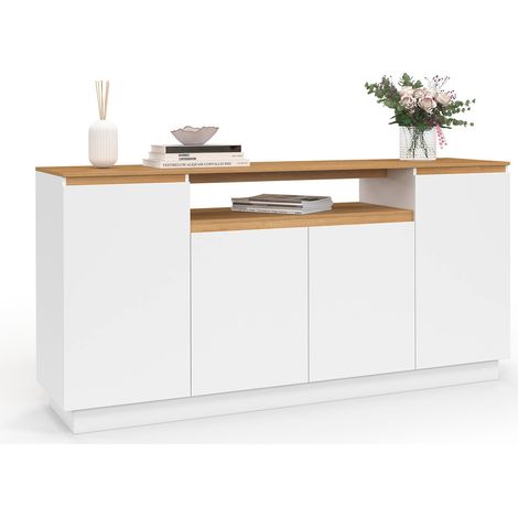 Idmarket – Buffet 160 cm 4 portes – Niche centrale – Blanc et bois clair – Panneaux de particules – Dimensions optimisées pour rangement (1/5)