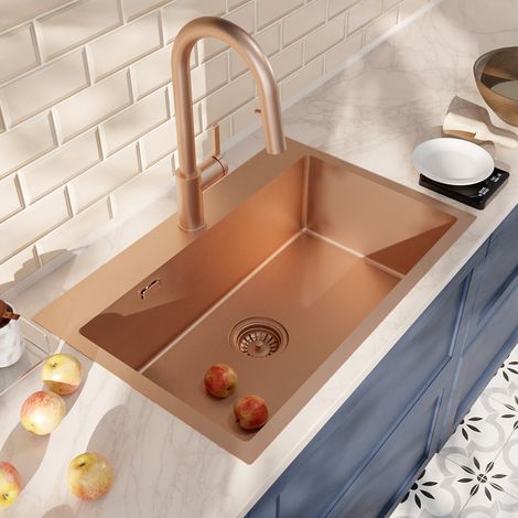 Ceramia Timeless 55x45x21 cm lavello da incasso + miscelatore in acciaio inox con doccetta estraibile, rame spazzolato (1/4)