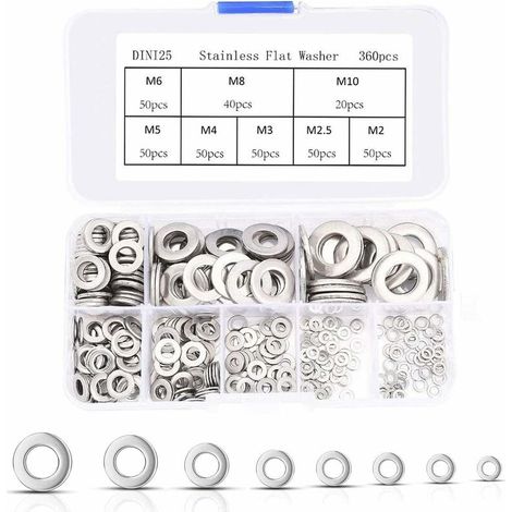 Rondelles Plates 360pcs Acier Inoxydable plat Rondelles Rondell plates Larges Rondelle Metal pour Mécanique Convient pour Ecrou et Boulon Vis électrique Ressorts-Livré avec boîte(M2M2.5M3M4M5M6M8M10) (1/5)