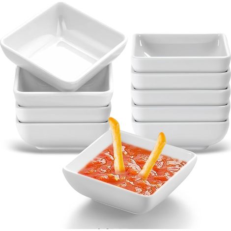 10 Coupelles à trempette, Plastique, Carré, Blanc, 7,3x7,3x2,7 cm, Pour sauce et snacks (1/5)