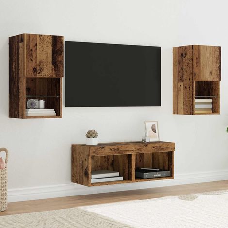 TV-Wandregale mit LED-Lichtleisten 4 pcs Altholz Holzwerkstoff