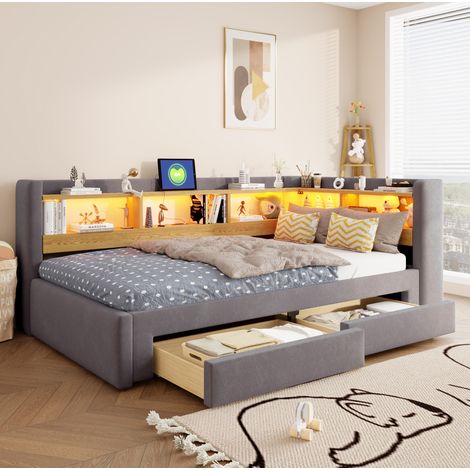 Sofá cama 90x200 cm de tejido gris, extensible con almacenaje para visitas, sin colchón FloraGrace (1/5)