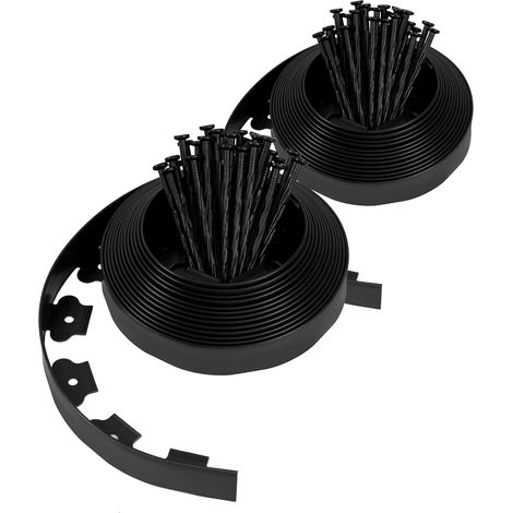 Schwarze Garteneinfassung aus Kunststoff, 20 Meter, mit 60 Ankerpfählen, flexible Rasenkante, Rasenkante mit soliden Pfählen, Gartenidee, Höhe 50 mm, Dicke 3 mm