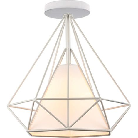 Lampe À Suspension Rétro Vintage En Forme De Diamant 25CM (Blanc) Plafonnier Industriel En Métal Et Fer E27 Pour Restaurant Et Café (1/5)