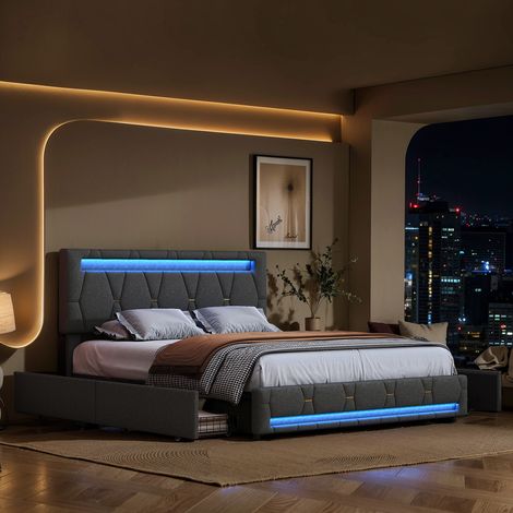 Lit 160x200 avec tiroirs,lit double capitonné,lit adulte,avec bande lumineuse LED,tissu en lin,gris