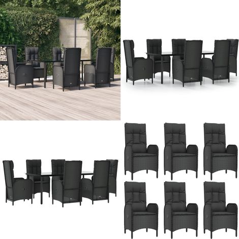 Set da Pranzo da Giardino 7 pz Nero con Cuscini in Polyrattan - Sedie da giardino reclinabili - Tavolo da giardino