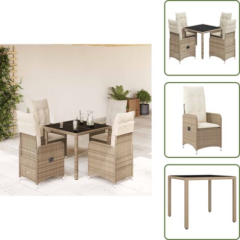 The Living Store Set da Bistrò da Giardino 5 pz con Cuscini Beige in Polyrattan - Sedie da giardino reclinabili
