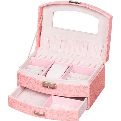 1 boîte de rangement pour bijoux, cuir PU rose, 20,5 x 16,5 x 11,5 cm, à plusieurs niveaux, avec miroir intégré et serrure (1/5)