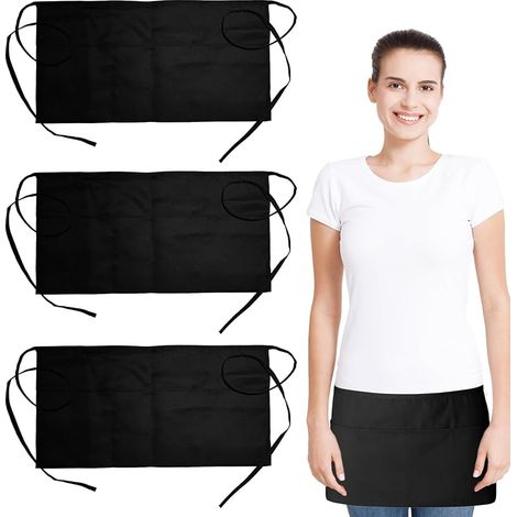3-teiliges Küchenschürzen-Set – Kurze schwarze Kellnerschürze mit 3 Taschen – Hüftschürze für Damen und Herren, geeignet für Bistros, Restaurants und Cafés (1/5)