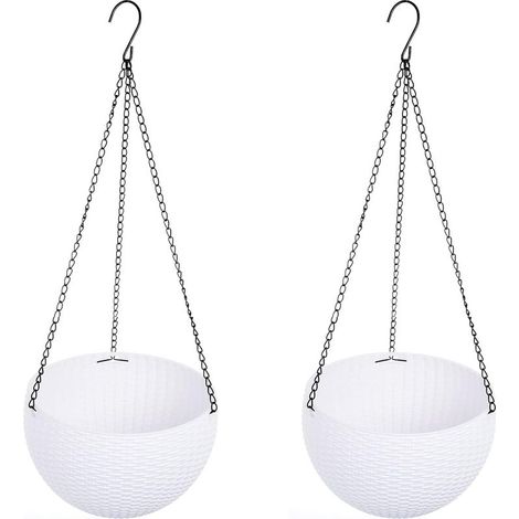 Pots de fleurs suspendus en plastique, pots de fleurs ronds en résine pour jardin, adaptés aux plantes d'intérieur et d'extérieur, lot de 2, blancs. (1/5)