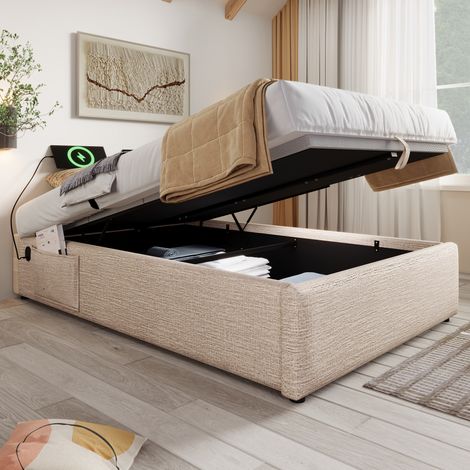 Letto singolo 90x200cm contenitore idraulico rivestito in lino Tasca laterale USB colore beige+naturale (Materasso non incluso)