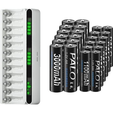 Baterías recargables, capacidad de 3000 mAh, carga rápida, 12 pilas AA/12 pilas AAA, 1 cargador (1/2)