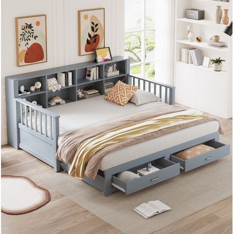 MEUBLIV Cama 90x190 cm gris extensible con almacenaje y enchufe, sin colchón (1/5)
