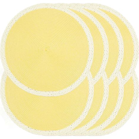 Lot de 8 sets de table ronds tressés - Lavables - Résistants à la chaleur - Pour table de salle à manger - Antidérapant - Pour intérieur et extérieur - Pour Pâques (02 bord blanc, jaune,'02 Bord Blanc (1/5)