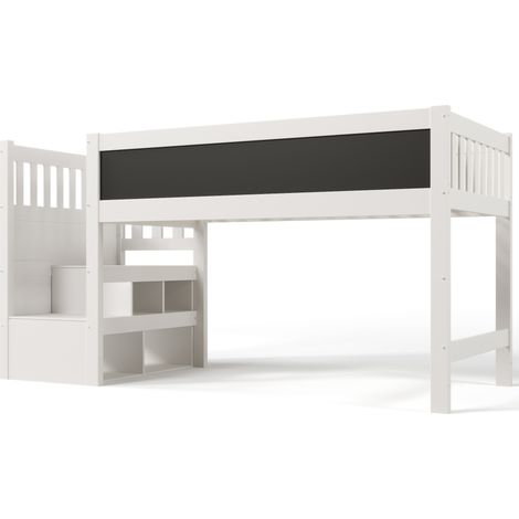 Cama alta infantil 90 x 200 cm con pizarra, almacenamiento y escalera reversible, blanca (1/5)
