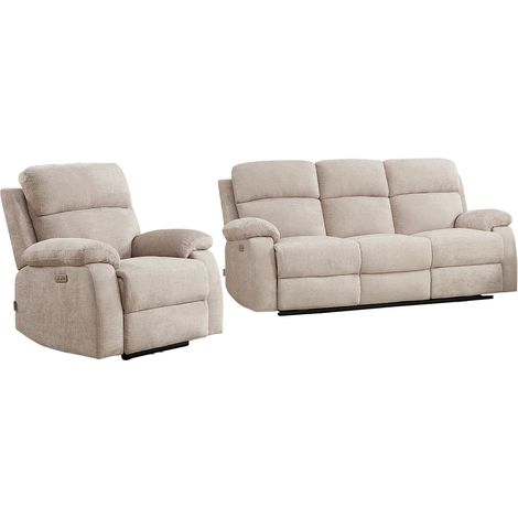Canapé 3 places et fauteuil relax électrique massant en tissu chenille beige KOCENI (1/5)
