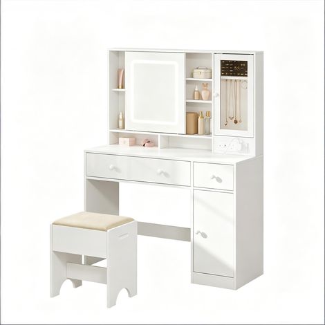 Table de toilette avec étagère réglable en hauteur, table de rangement polyvalente, table de toilette avec prise (table de maquillage et tabouret uniquement)