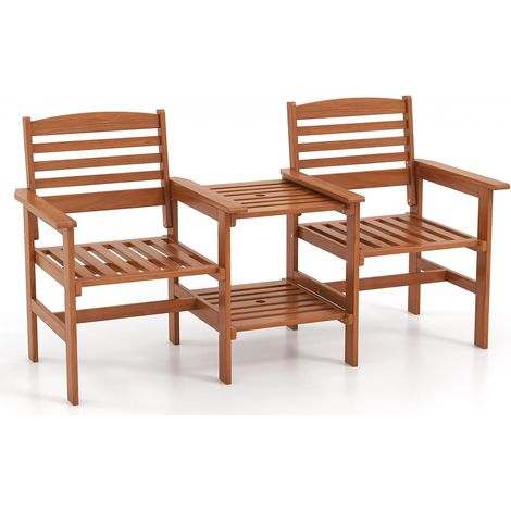 GOPLUS Salon de Jardin en Bois 3PCS 2 Personnes, Fauteuil/Chaise de Jardin Exterieur et Table Intégré avec Trou de Parasol, Ensemble de Meuble de Bistrot 2 Places pour Patio, Terrasse, Balcon (1/5)
