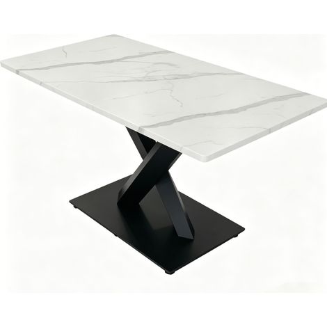 Mesa de comedor rectangular moderna 160x80 cm de MDF blanco con base de metal negro (1/5)