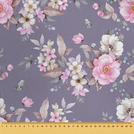 Tela decorativa para exteriores tipo oxford - motivo de flores y mariposas sobre fondo morado I DR061 (1/5)