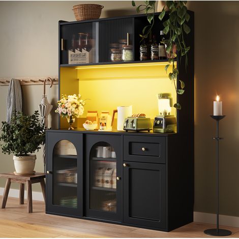 Credenza da cucina con LED, ripiani regolabili e ante in vetro, 120 x 35 x 167 cm, nera (1/5)