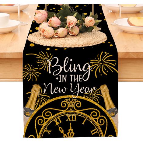 Chemin de table « Bonne année », nappe noire et or à pois et étoiles, décoration pour la maison et la cuisine, ambiance champêtre, linge de table en toile de jute pour les fêtes d'hiver 2026 (1/5)