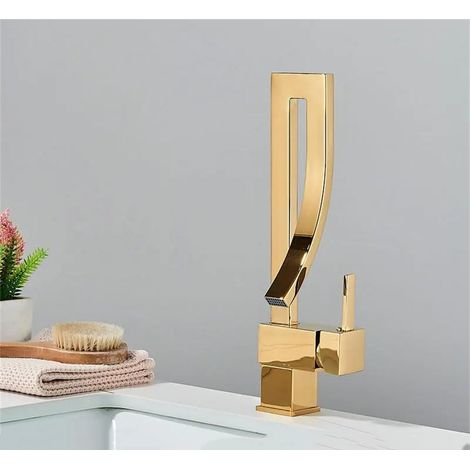 Goldener Waschtisch-Mischbatterie, drehbare Warm- und Kaltwasserarmatur, Crane-Armatur, Waschtischmischer aus schwarzem Nickel-Chrom-Messing (1/5)