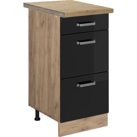 Meuble cuisine R-Line, Noir Haute brillance, 40 cm avec tiroirs, PT Chêne, Vicco