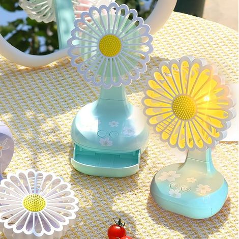 Mini ventilateur de charge avec lumière LED, petit ventilateur en forme de chrysanthème vert mignon, 3-mode multifonctionnel avec boîte stockage et support. (1/5)
